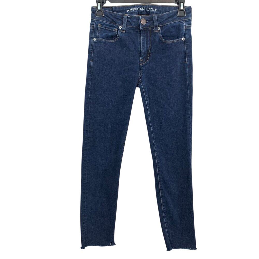 AMERICAN EAGLE HI RISE SKINNY Raw Hem Dark Wash Stretch Blue Jeans sz 0  26 x 25